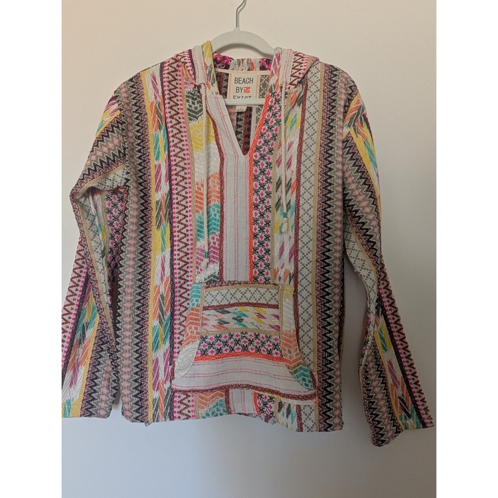 Beach By Exist Womens Large Drawstring‎ Hooded Baja Pocket Pullover 100% Cotton